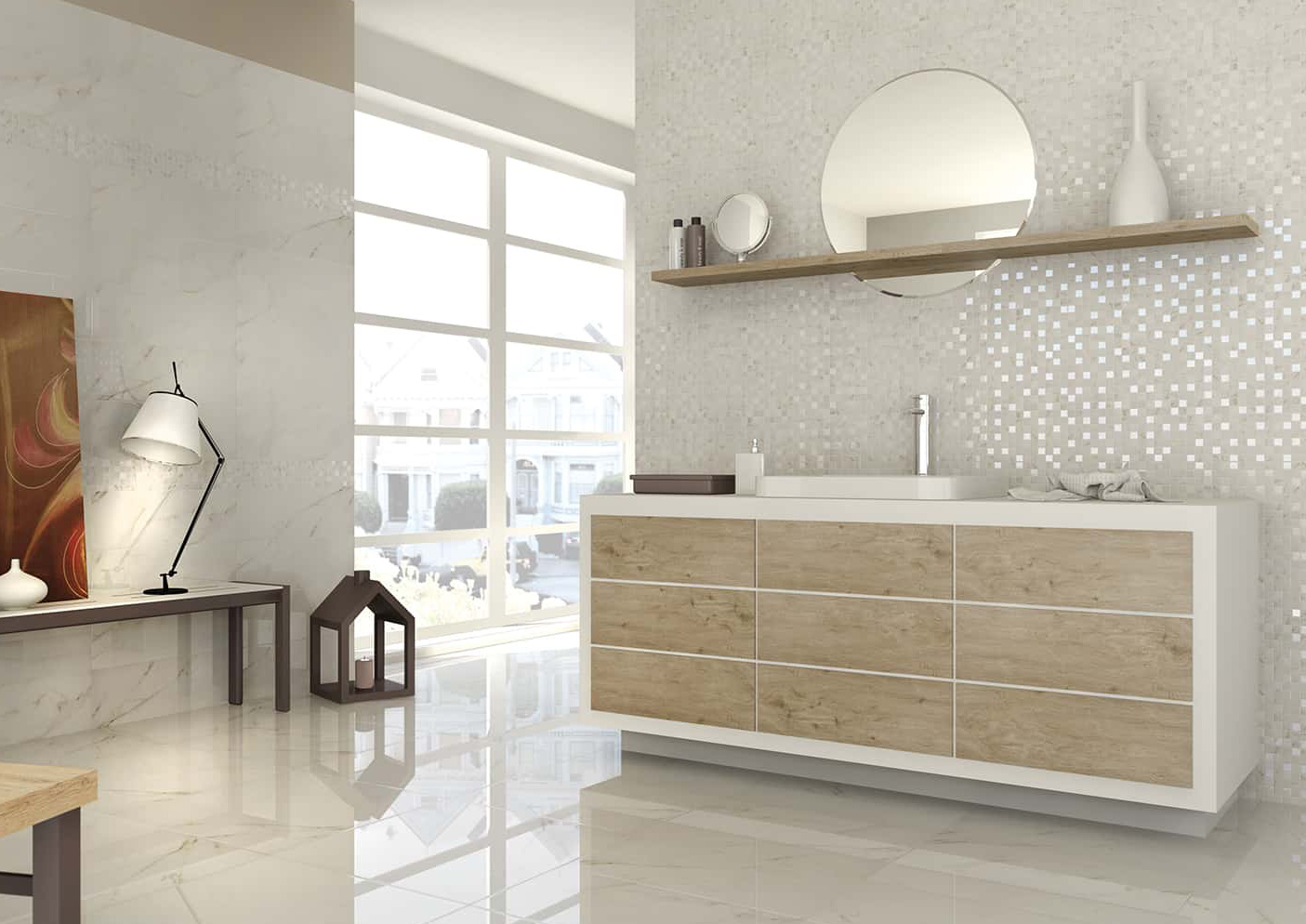 Wall: Bianco Levigato 30x60 / Project Mosaico Bianco 30x30 Floor: Bianco Levigato 60x60 Serie Natural Gres Tecnico Armonie Piastrelle & Mosaici