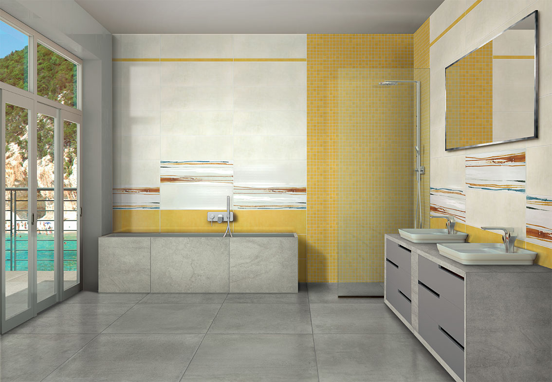 Wall: Bianco 25x75 / Giallo 25x75 / Paint Arancio Decoro 25x75 / Giallo Bacchetta 3,2x75 / Giallo Mosaico 29,5x29,5 Serie Colors Rivestimento Arpa Ceramiche Piastrelle & Mosaici