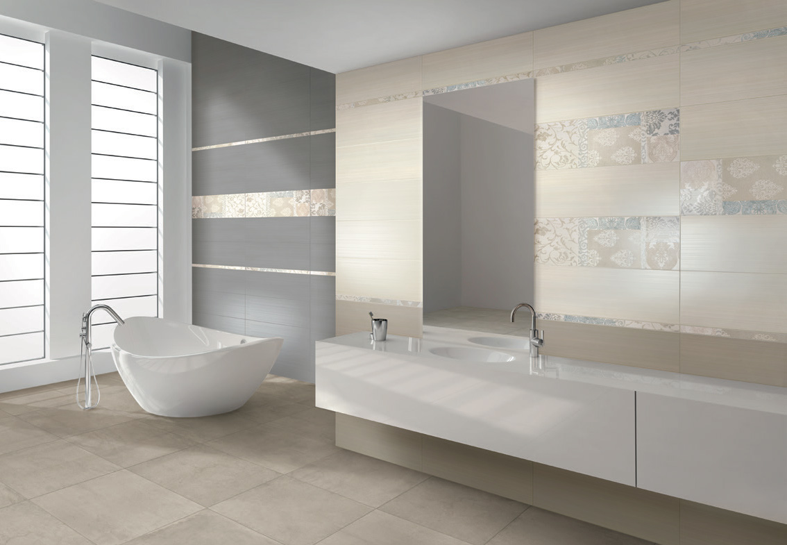 Wall: Pergamon 25x75 / Tortora 25x75 / Fumo 25x75 / Damasco inserto 25x75 / Damasco Listello 3,2x75 Serie Kronos Rivestimento Arpa Ceramiche Piastrelle & Mosaici