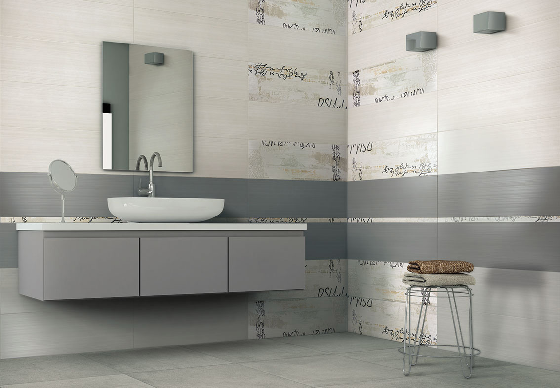 Wall: Bianco 25x75 / Grigio 25x75 / Fumo 25x75 / Freehand Decoro 25x75 / Freehand Listello 3,2x75 Serie Kronos Rivestimento Arpa Ceramiche Piastrelle & Mosaici