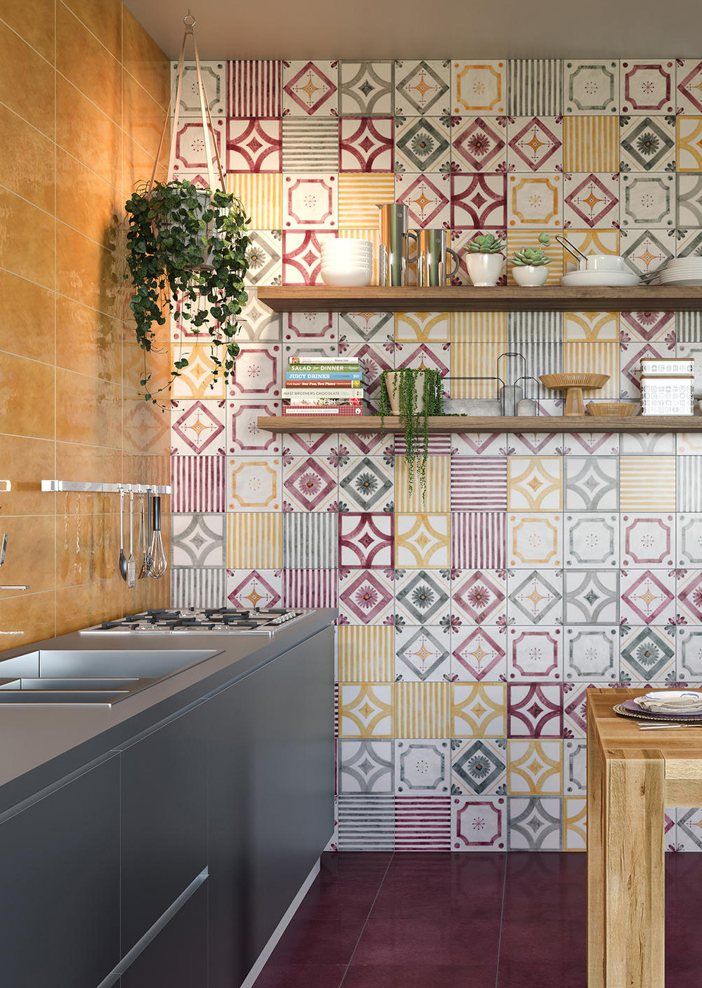 Wall: Senape 20x40 + Prugna 20x20 + Arzachena & Isuledda (Azzurro / Prugna) 20x20 + Budoni, Palau & Puntaldia (Azzurro / Prugna / Senape) 20x20 Floor: Prugna 40x40 Serie OT07026 Cerasarda Piastrelle & Mosaici