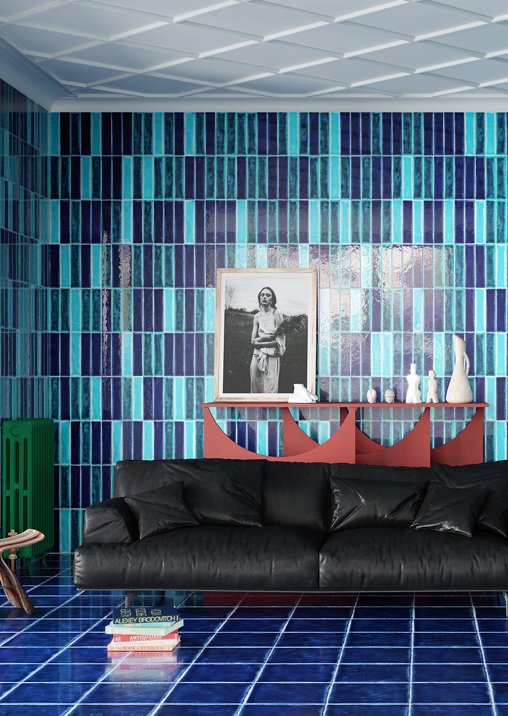 Wall:
Oceano Blu Rettangolo 7x30 + Azzurro Mare Rettangolo 7x30 + Turchese Abbamar Rettangolo 7x30 Floor: Oceano Blu 30x30 Serie I Cotti Fatti a Mano Cerasarda Piastrelle & Mosaici