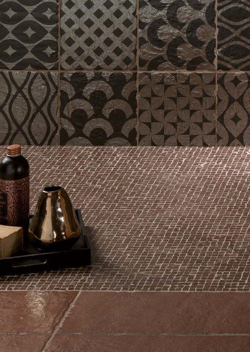 Wall: Ossidiana Mix Bronzo 20x20 Floor: Bronzo 40x40 + Mosaico Spacco Bronzo Serie Le Ossidiane Cerasarda Piastrelle & Mosaici