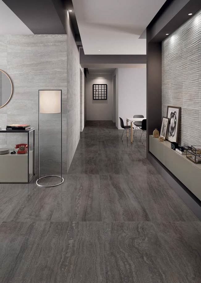 Wall: Silver Nat. Rett. 60x120 + Decoro Rome Silver Nat. Rett. 30x60 Floor: Titanio Lapp. Rett. 59x118,2 Eterna Serie Effetto Pietra Emilceramica Piastrelle & Mosaici