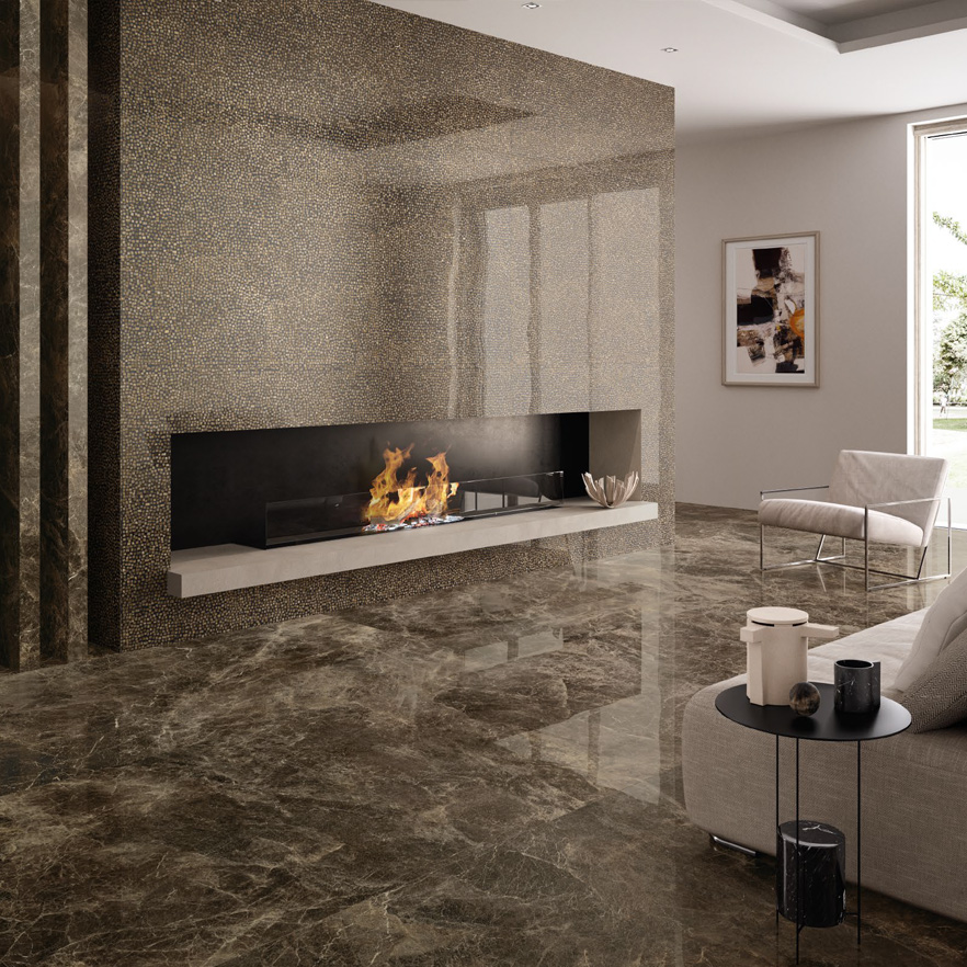 Floor: Frappuccino Pollock 120x240 Wall: Frappuccino Pollock Seminato di Tessere 120x240 Superfice Lappato Lucido o Naturale Gres Porcellanato Rettificato Tele di Marmo Serie Emilceramica Piastrelle & Mosaici