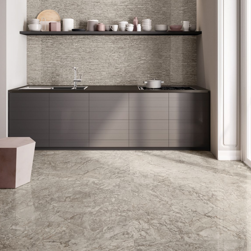 Wall: Breccia Braque Doghe 120x240 Floor: Breccia Braque 120x120 Superfice Lappato Lucido o Naturale Gres Porcellanato Rettificato Tele di Marmo Serie Emilceramica Piastrelle & Mosaici