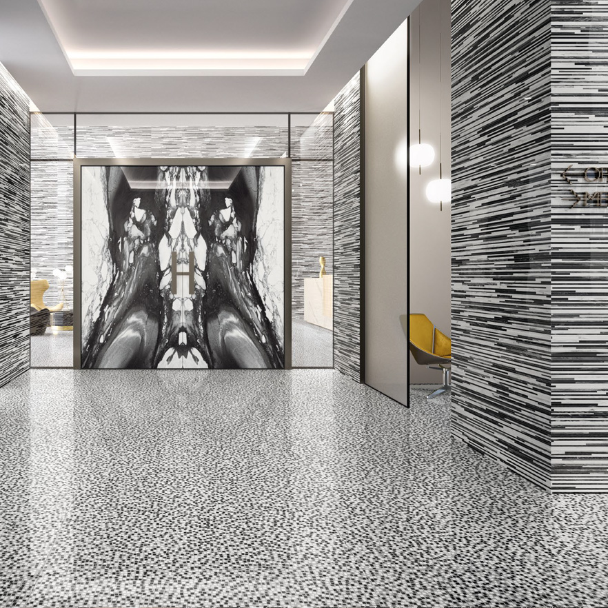 Wall: Calacatta Renoir 120x240 Floor: Calacatta Renoir Battuto di listelli 120x240 Superfice Lappato Lucido o Naturale Gres Porcellanato Rettificato Tele di Marmo Serie Emilceramica Piastrelle & Mosaici