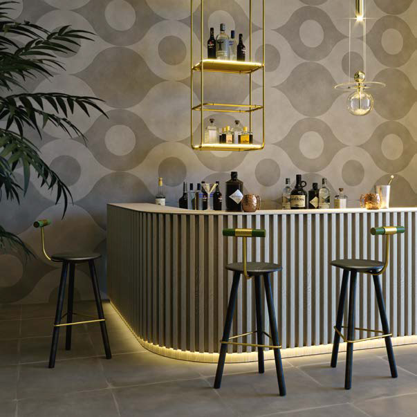 Antracite Ceramica Nat. Rett. 60x60 + Antracite Cemento Nat. Rett. 60x120 + Rivestimento Cenere / Antracite Bubble Karman Serie Effetto Majolica & Cemento Provenza Piastrelle & Mosaici