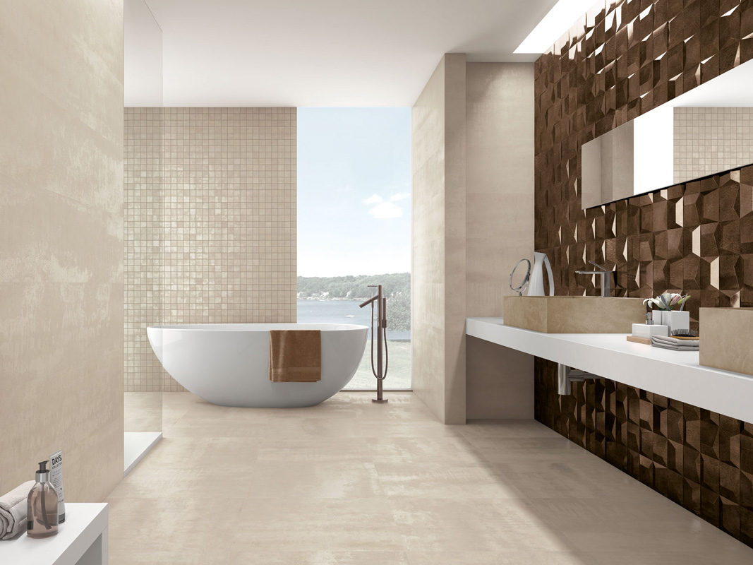 Ionic Sand 30x120 Rett. + Decor Code Copper 12,5x12,5 + Mosaico Ionic Sand 31,6x31,6 Rivestimento Gres Porcellanato Ionic Serie Effetto Metallo Ibero Porcelánico Piastrelle & Mosaici