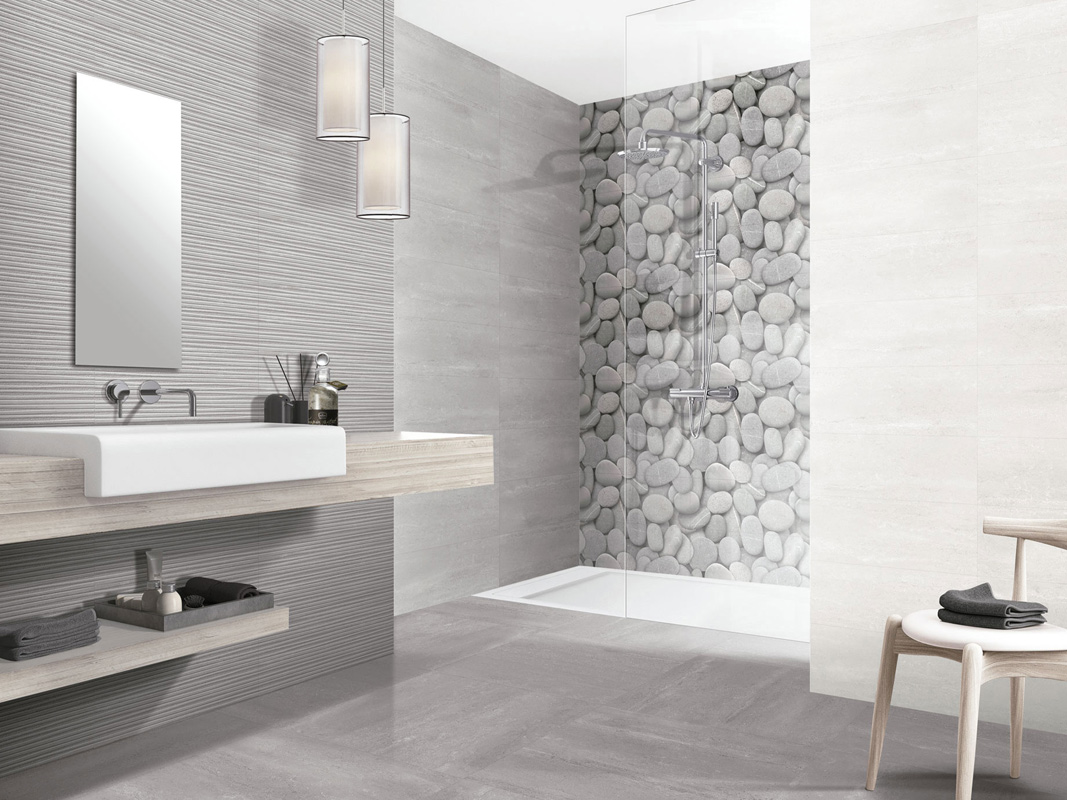 White 20x50 + Grey 20x50 + Scala Grey 20x50 + Decor Tiber White 20x50 + Grey 48x48 Rivestimento Pasta Rossa e Pavimento Gres Porcellanato Arezzo Serie Effetto Pietra Ibero Porcelánico Piastrelle & Mosaici