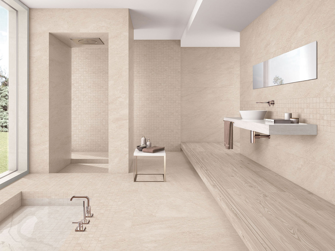 Taupe 30x120 Rett. + Mosaico Dreamstone Taupe 30x30 + Dreamstone Taupe 75x75 Rett. Rivestimento e Pavimento Gres Porcellanato Dreamstone Serie Effetto Pietra Ibero Porcelánico Piastrelle & Mosaici