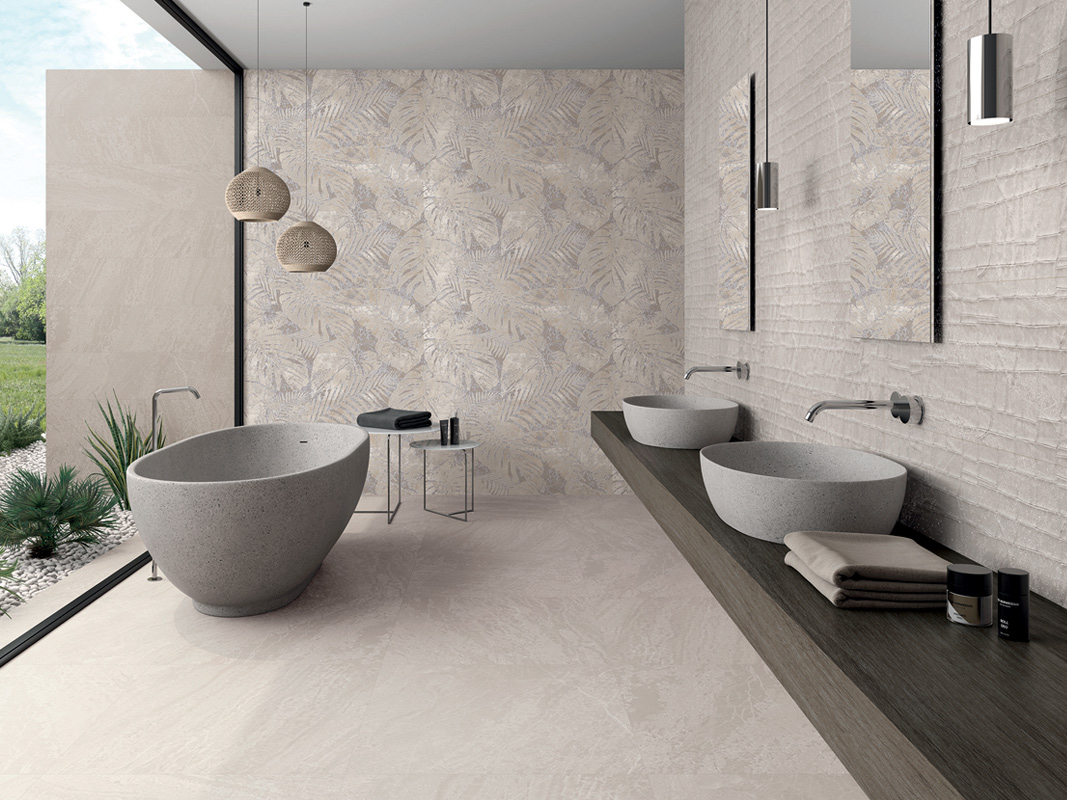 Pearl 30x120 Rett. / 45x90 Rett. + Pearl Outline 45x90 + Decor Tropic Pearl 30x120 Pavimento & Rivestimento Gres Porcellanato Slatestone Serie Effetto Pietra Ibero Porcelánico Piastrelle & Mosaici