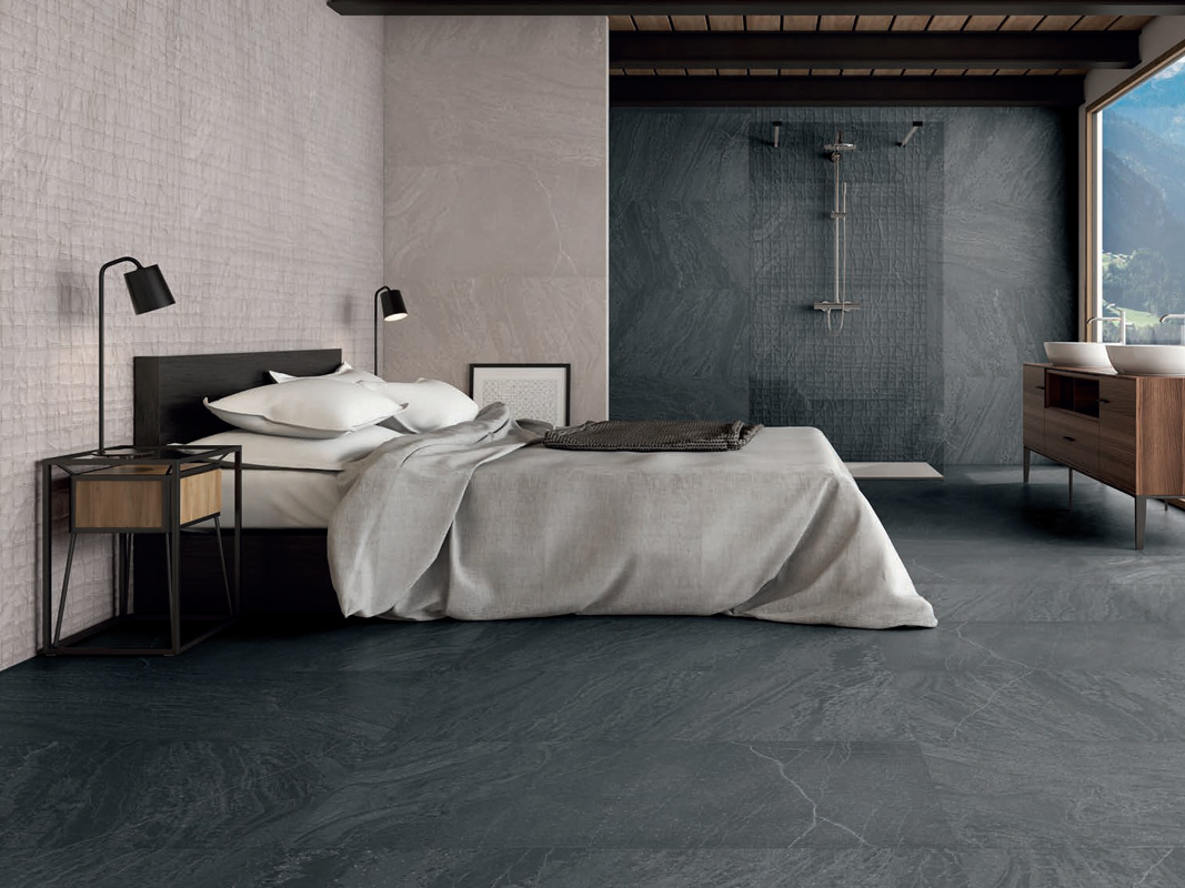 Grey 60x120 Rett. + Black 60x120 Rett. + Textures Grey 60x120 Rett. + Textures Black 60x120 Rett. Pavimento & Rivestimento Gres Porcellanato Slatestone Serie Effetto Pietra Ibero Porcelánico Piastrelle & Mosaici