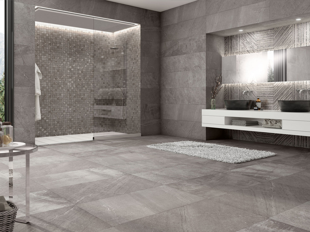 Grey 30x120 Rett. + Decor Polaris Grey 30x120 Rett. + Mosaico Polaris Grey 30x30 + Grey 60x120 Rett. Pavimento & Rivestimento Gres Porcellanato Sunstone Serie Effetto Pietra Ibero Porcelánico Piastrelle & Mosaici