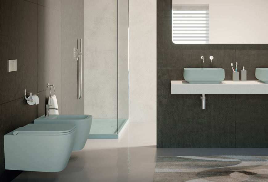 QUADRA RIMLESS serie Sanitari Sospeso colore Ghiaccio in ceramica Sdr Ceramiche