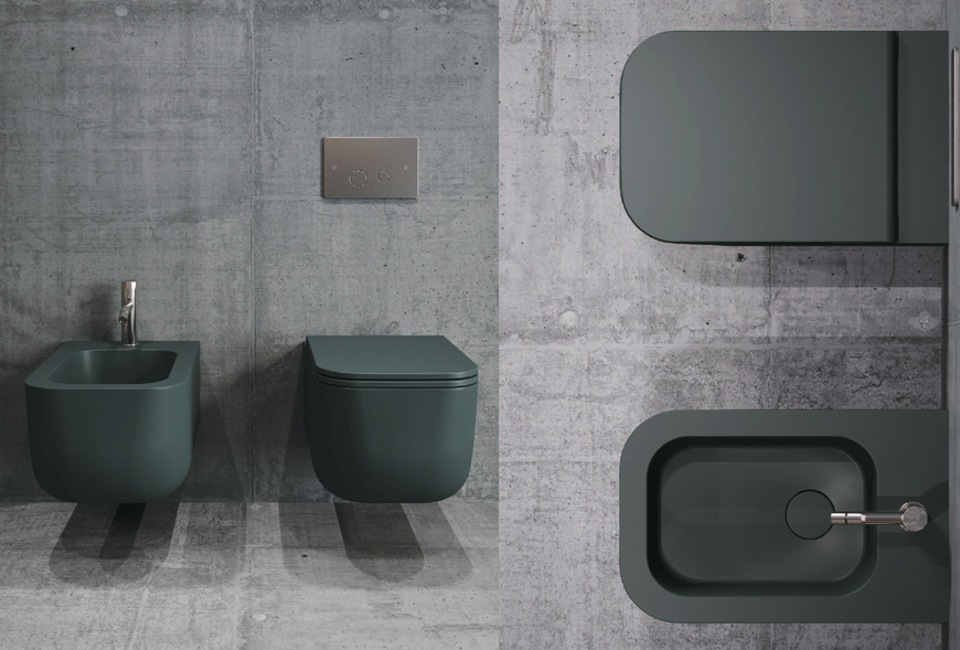 REVOLUTION® RIMLESS serie Sanitari Sospesi colore Aloe in LIVIN-STONE® Solid Surface Sdr Ceramiche